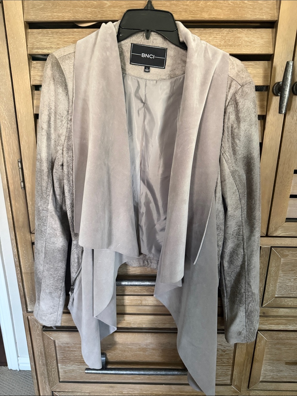 BNCI Women's Taupe Suede-Look Draped Open Front Jacket